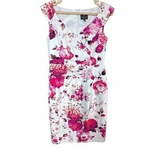 Adrianna Papell Womens Floral Stretch Sleeveless Faux Wrap White Pink‎ Size 4